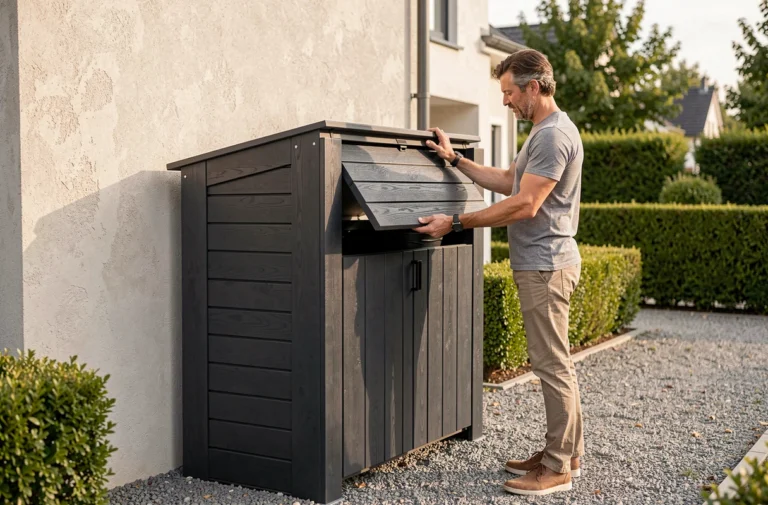 Abri poubelle extérieur en composite anthracite installé contre un mur de maison moderne avec jardin bien entretenu
