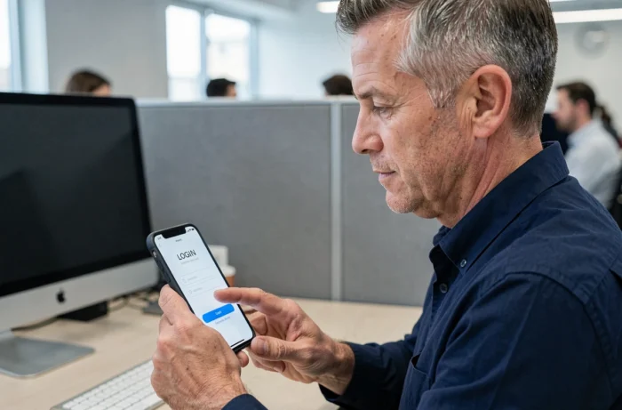 Homme accédant à son espace personnel Pass Multicadeaux sur smartphone au bureau