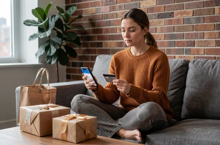 Young woman shopping online on smartphone from her living room, consumer trends e-commerce 2024
