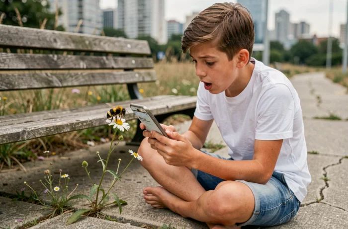 Adolescent utilisant une appli smartphone pour identifier un bourdon sur une fleur sauvage dans un parc urbain