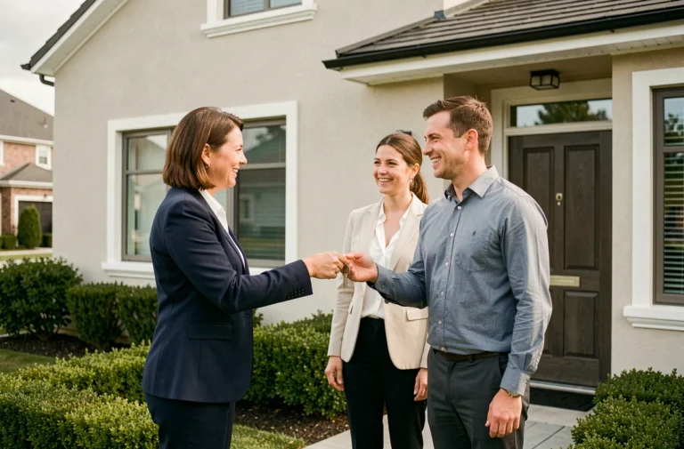 Agent immobilier remettant les clés d'une maison moderne à un couple de nouveaux propriétaires devant l'entrée