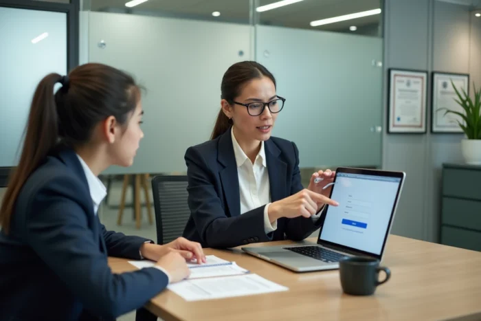 Membre du personnel universitaire aidant une étudiante à se connecter au portail Sesam ICP dans un bureau administratif