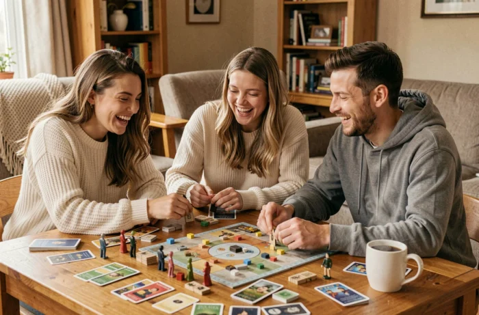 Group of friends playing a board game together in a cozy and warm living room