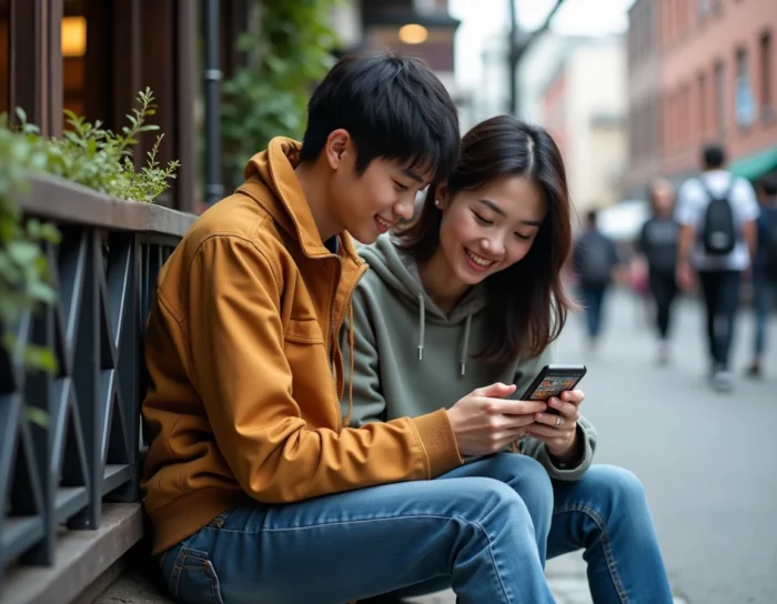 Deux amis regardant ensemble une application de lecture de manga sur smartphone en extérieur urbain