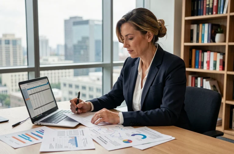 Analyste financière indépendante examinant des rapports économiques critiques dans un bureau moderne