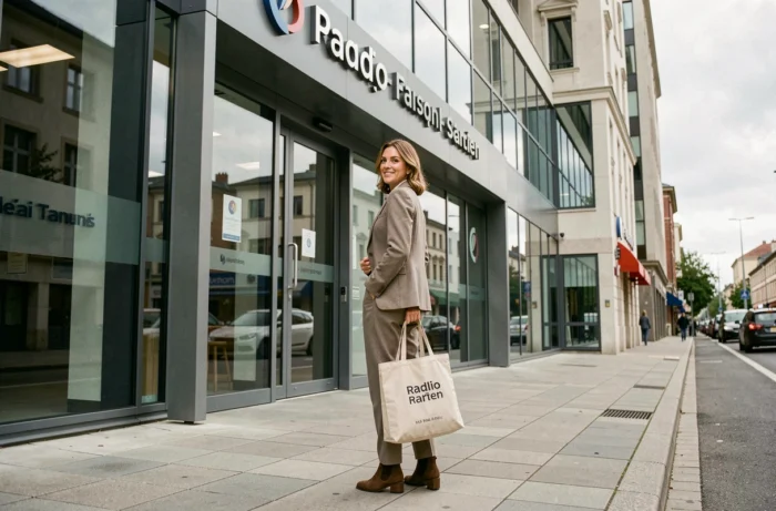 Animatrice radio devant l'entrée d'une station de radio moderne en milieu urbain