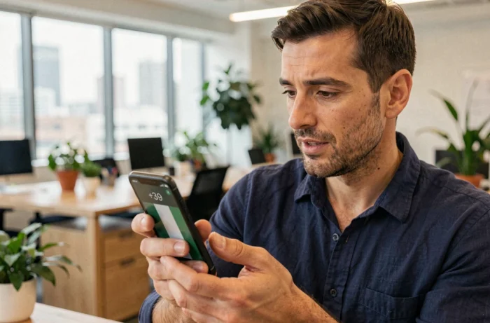 Homme tenant un smartphone affichant un appel entrant avec l'indicatif téléphonique +39 de l'Italie dans un bureau moderne