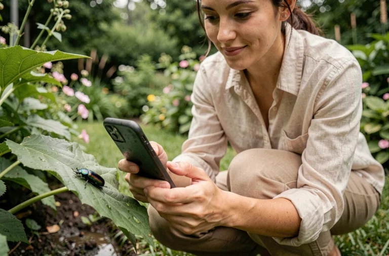Femme utilisant une application de reconnaissance d'insectes sur smartphone dans un jardin, photographiant un coléoptère sur une feuille verte