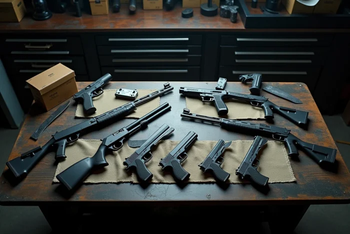 Collection d'armes emblématiques présentées sur un établi de maître-armurier, évoquant l'univers tactique des films John Wick