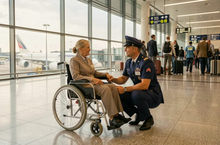Agent Air France assistant une passagère en fauteuil roulant dans un terminal d'aéroport
