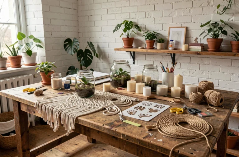 Vue d'ensemble d'un atelier de bricolage créatif à la maison avec divers projets DIY en cours sur une grande table en bois