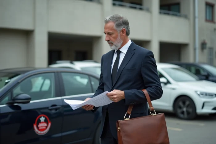 Avocat consultant des documents officiels devant une voiture sous scellés judiciaires après un accident