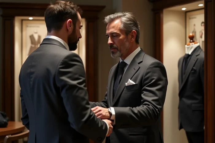 Conseiller de vente aidant un client à essayer un costume sur mesure chez Blandin-Delloye à Lyon