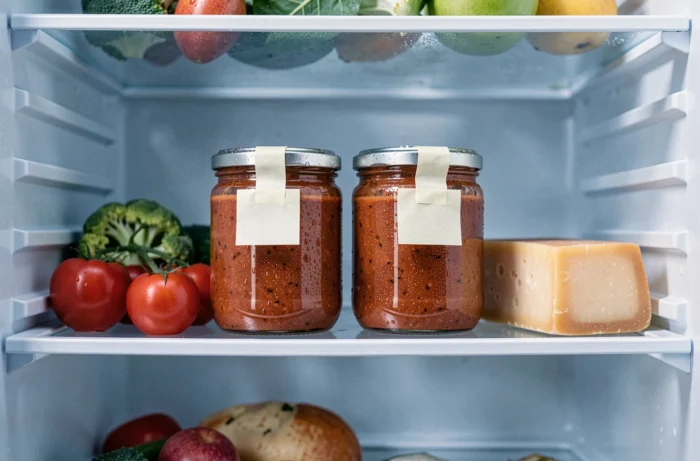 Two glass jars of homemade bolognese sauce labeled with expiration dates stored in a refrigerator