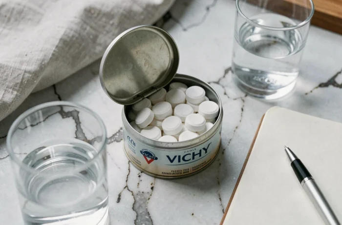 Gros plan sur une boîte ouverte de pastilles Vichy posée sur un marbre avec un verre d'eau, illustrant les conseils de consommation raisonnée