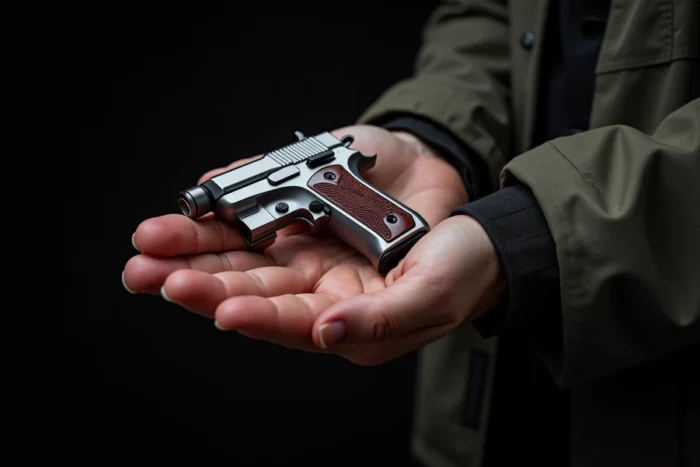 Derringer Bond Arms à deux canons avec monture en acier inoxydable et crosses en bois de rose tenu dans une main en costume sombre