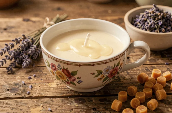 Bougie artisanale coulée dans une tasse en céramique vintage à motifs floraux posée sur une surface en bois usé