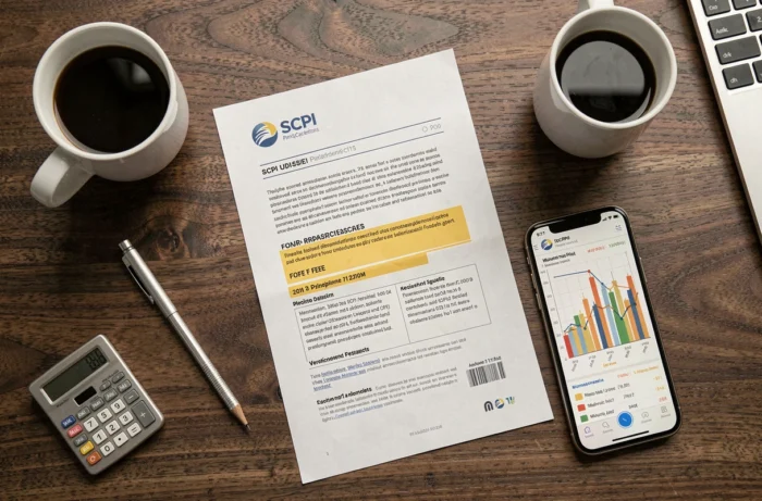 Vue aérienne d'un bureau avec prospectus SCPI annoté, calculatrice et smartphone affichant des frais d'investissement