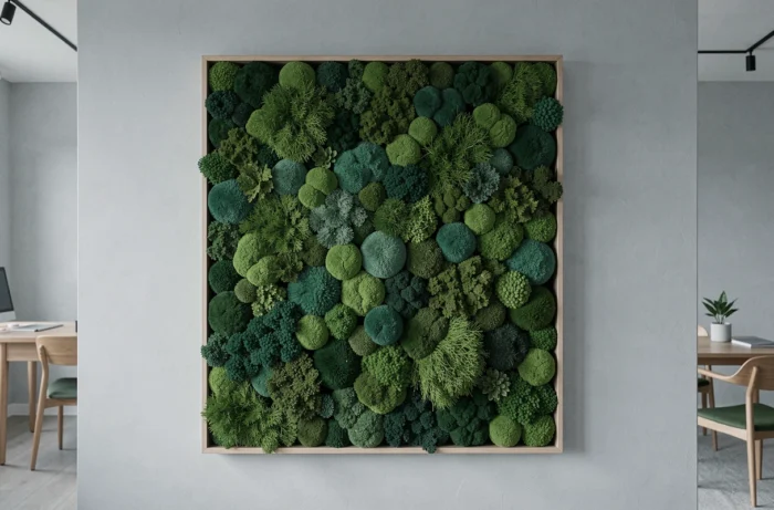 Cadre végétal décoratif composé de mousse stabilisée en différentes nuances de vert monté sur un mur gris clair