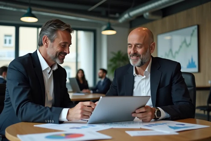 Deux cadres français discutant de stratégie commerciale autour d'un tableau de bord dans un espace de coworking
