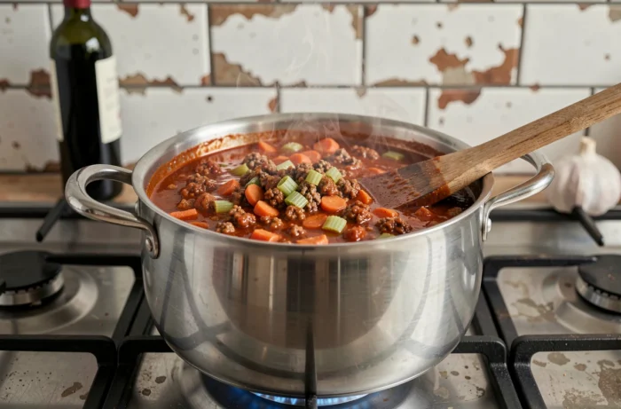 Stainless steel pot with steaming homemade bolognese sauce on a gas stove with a wooden spoon