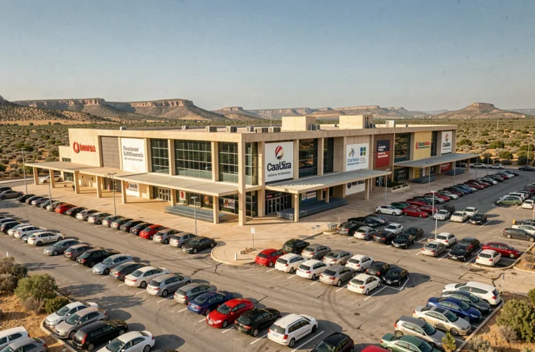 Vue extérieure du centre commercial de La Jonquera avec parking et façade moderne côté espagnol