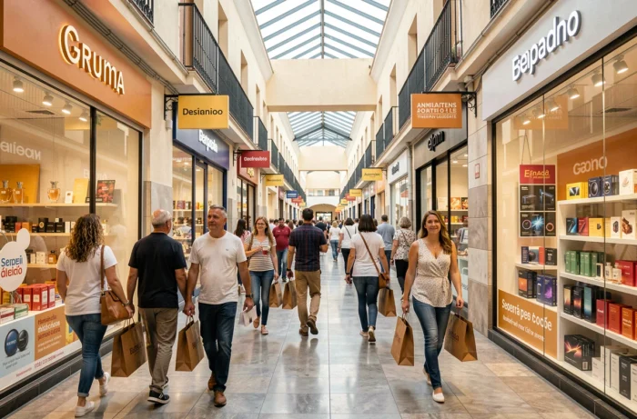 Allée intérieure animée du centre commercial à La Jonquera avec boutiques et clients en train de faire du shopping