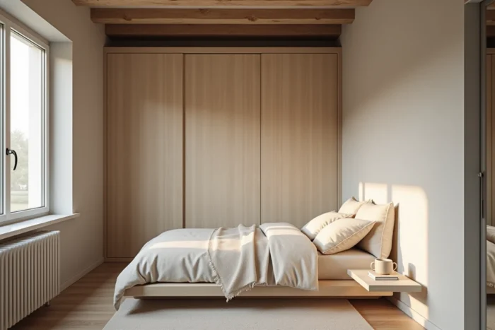 Chambre minimaliste dans une petite maison avec lit plateforme, armoire intégrée en bouleau et murs greige chaleureux