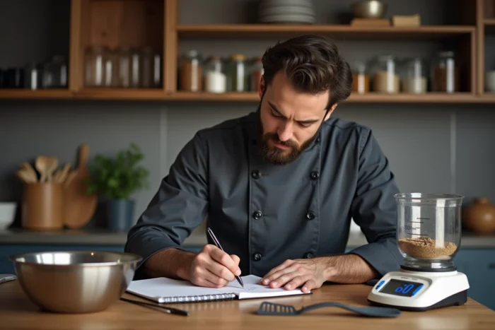 Chef cuisinier notant des conversions de mesures culinaires avec un verre doseur à 60 ml sur plan de travail