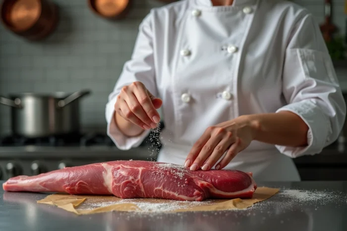 Cheffe cuisinière en train de masser une langue de bœuf crue avec du sel et du vinaigre de cidre sur un plan de travail en inox dans une cuisine professionnelle