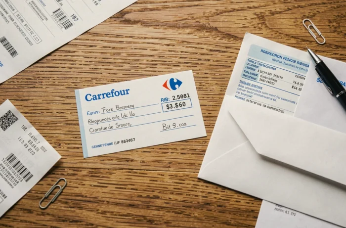 Vue de dessus d'un chèque Carrefour posé sur un bureau avec documents bancaires pour dépôt