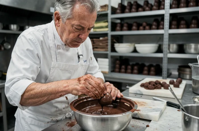 Chocolatier artisan en tablier blanc trempant délicatement une truffe au chocolat dans un atelier de chocolaterie professionnel
