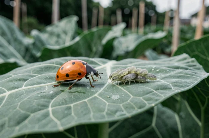 Gros plan sur une coccinelle et des pucerons sur une feuille de chou, comparaison visuelle insecte utile versus insecte nuisible au jardin