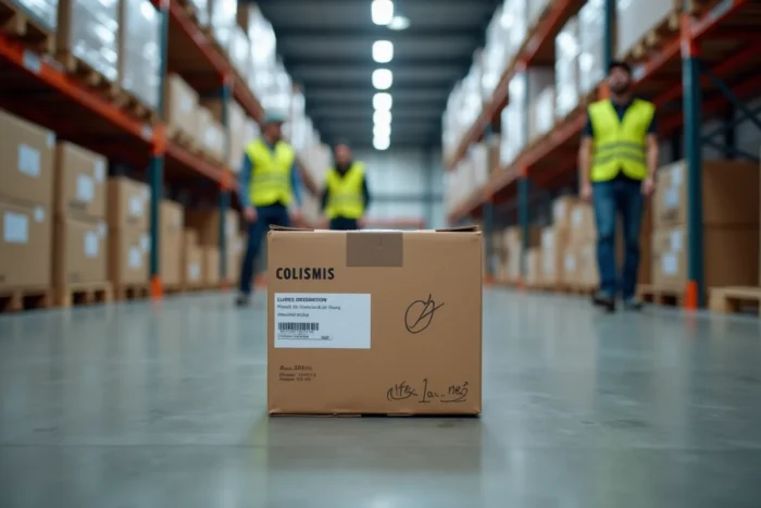 Colis Colissimo avec étiquette d'expédition et dimensions annotées posé sur le sol d'un entrepôt logistique
