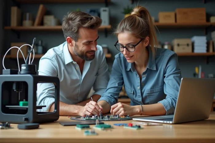 Deux passionnés de technologie collaborant autour d'une imprimante 3D et de circuits électroniques dans un laboratoire artisanal, tendances innovation 2024
