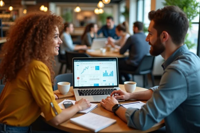 Deux collègues collaborant sur une stratégie de netlinking avec un tableau de bord d'analyse de backlinks dans un espace de travail café