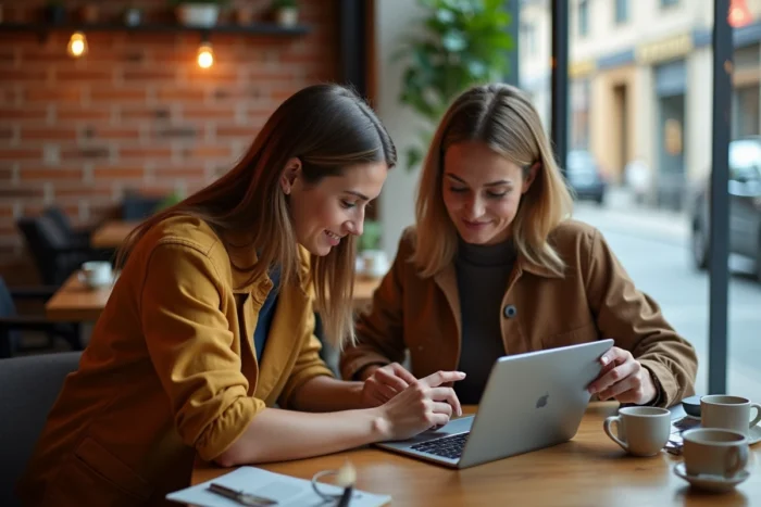 Deux collègues explorant ensemble le plan de navigation d'un site d'actualités sur une tablette dans un café