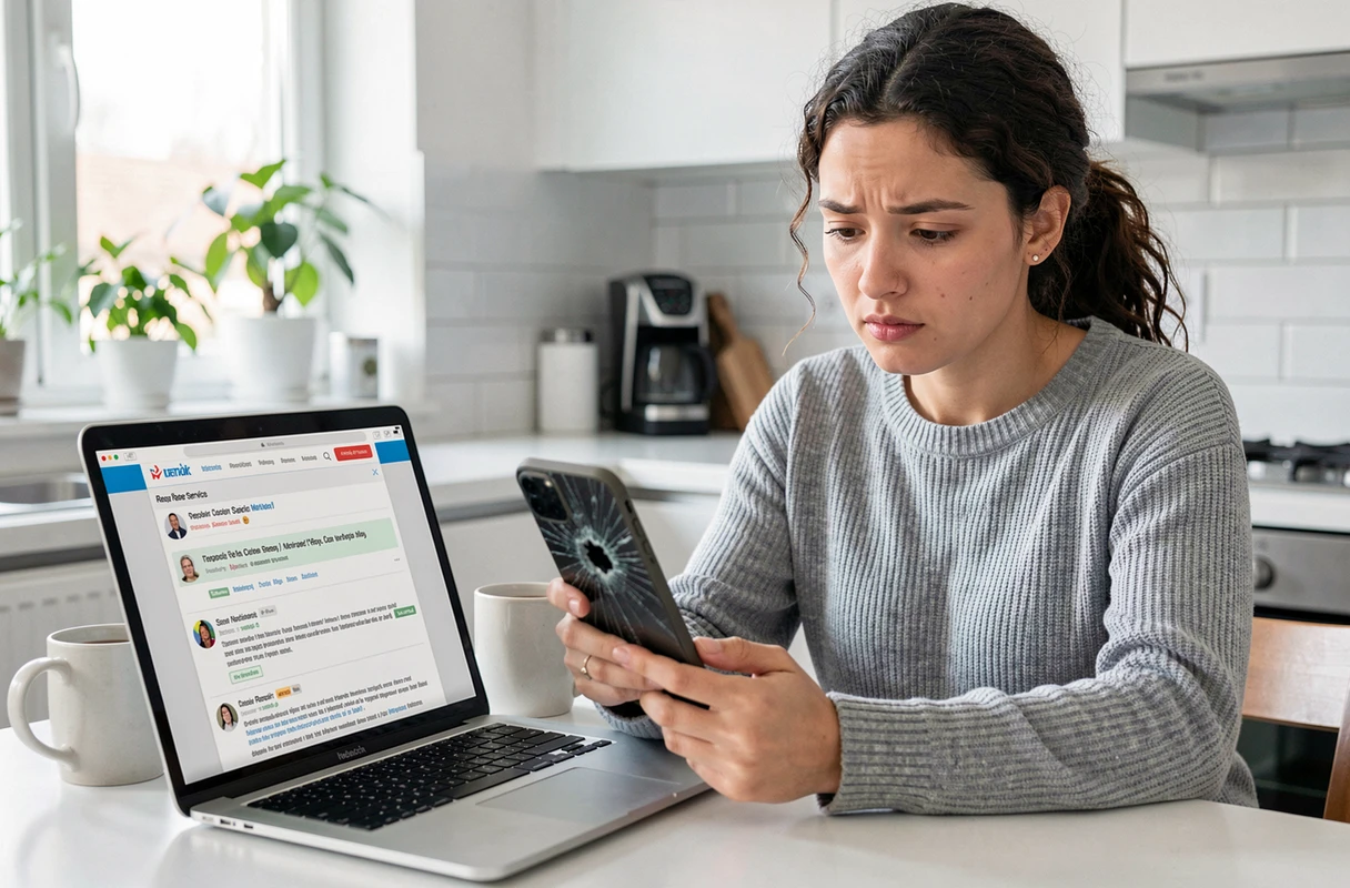 Femme comparant des services de réparation de smartphone en ligne sur un ordinateur portable depuis son domicile