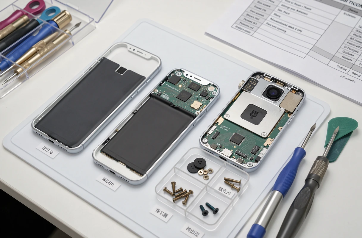 Vue détaillée des composants internes d'un smartphone démonté sur un plan de travail professionnel de réparation