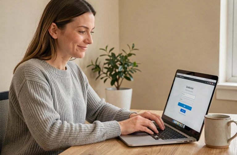 Femme connectée à son compte Pass Multicadeaux en ligne depuis son bureau à domicile