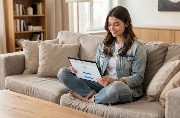 Jeune femme se connectant à son compte Pass Multicadeaux sur tablette dans son salon
