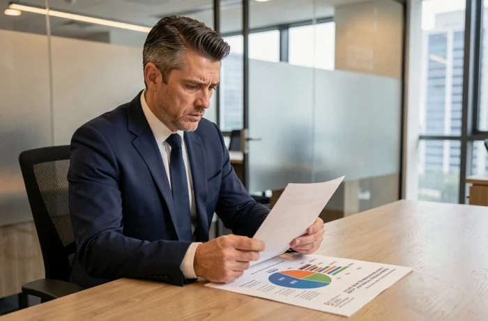Conseiller financier analysant les frais d'une SCPI sur des documents imprimés dans un bureau moderne