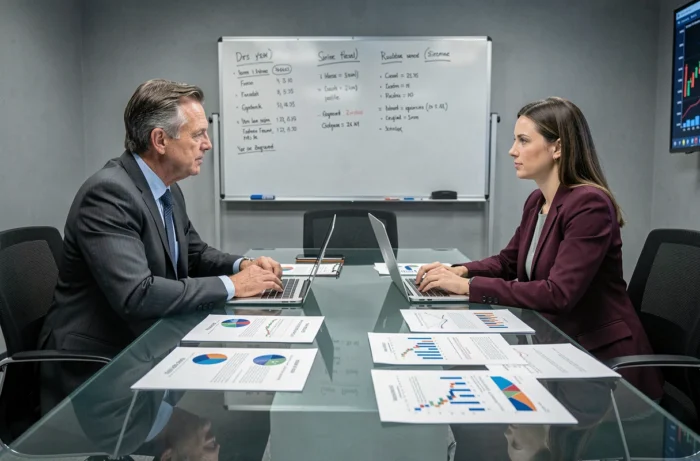 Deux conseillers financiers en réunion discutant de stratégies d'investissement autour d'une table de conférence avec des graphiques