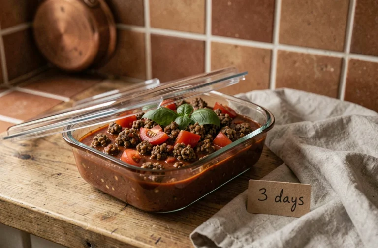 Boîte en verre hermétique contenant une sauce bolognaise maison avec une étiquette de conservation posée sur un plan de travail en bois
