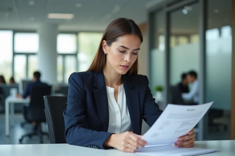 Consultante en recrutement chez CCM Recrutement analysant un CV dans un bureau professionnel moderne