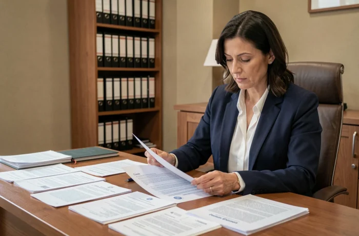 Femme professionnelle consultant des documents officiels de propriété immobilière dans un bureau de notaire