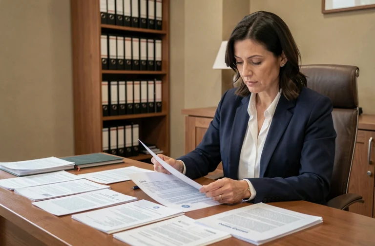 Femme professionnelle consultant des documents officiels de propriété immobilière dans un bureau de notaire