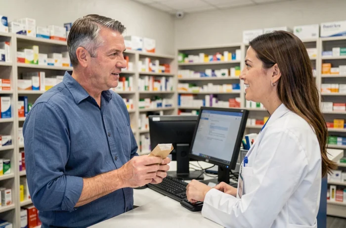 Homme consultant une pharmacienne sur les effets indésirables des pastilles Vichy et les conseils de consommation sans risque