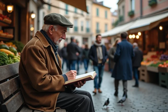 Vieil homme lisant des histoires insolites à la foule dans un marché de village européen animé