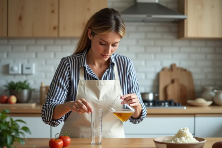 Femme en tablier versant 60 millilitres de liquide dans un verre doseur gradué en cuisine